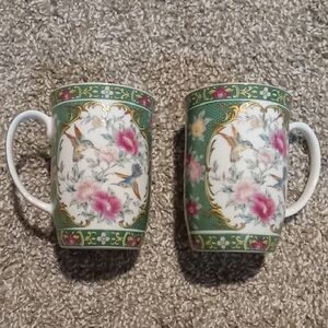 Otagiri Gallery Vintage Green and Pink Floral Hummingbird Porcelain Mugs (Pair)